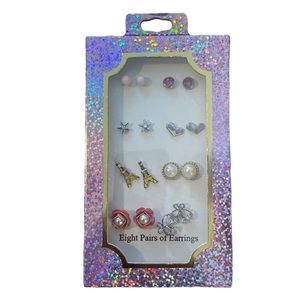 Girls/Kids 8 Pair Earrings Studs Eiffel Tower pearl flowers stars